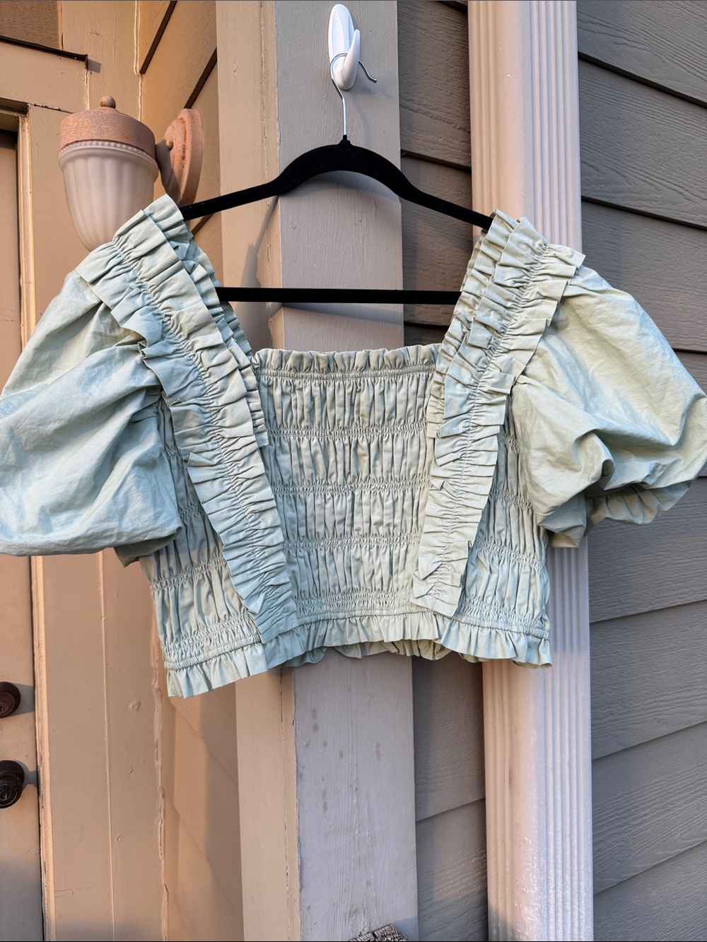 Endless Rose Pale Mint Smocked Puff-Sleeve Crop Top